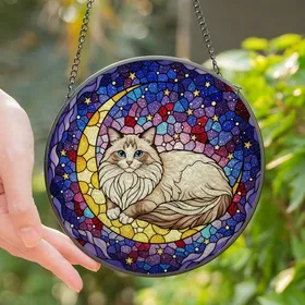 Cat Lovers' Intricate Tiffany Stained Glass Ragdoll Cat Crescent Moon Cosmic Jewel Tones Stained Glass Suncatcher