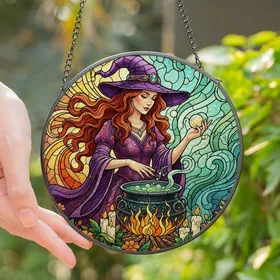 Fantasy Art Lovers' Tiffany Style Witch Ritual Purple Gown Auburn Hair Fiery Cauldron Jewel Tone Mystical Mosaic Stained Glass Suncatcher