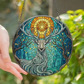 Nature Lovers' Majestic Stained Glass Stag Blue Eyes Elaborate Antlers Golden Sun Moon Mosaic Teal Icy Blue Ethereal Forest Pattern Stained Glass Suncatcher