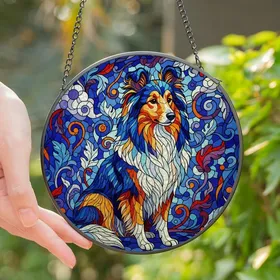 Shetland Sheepdog Lovers' Vibrant Tiffany Style Stained Glass Sheltie Art Multi-Tone Jewel Tone Mosaic Stained Glass Suncatcher