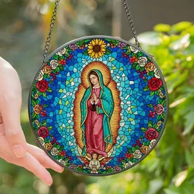 Vibrant Art Enthusiasts' Stained Glass Mosaic Teal Rose-Red Golden Sunflower & Rose Pattern Stained Glass Suncatcher