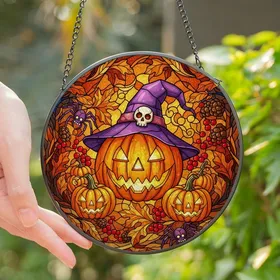 Halloween Enthusiasts' Glowing Amber Stained Glass Jack-o'-Lantern Witch Hat & Purple Spider Autumn Mosaic Stained Glass Suncatcher
