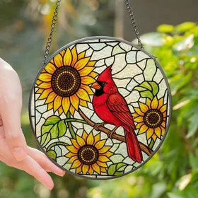 Nature Lovers' Vibrant Red Cardinal Golden Sunflowers Detailed Stained Glass Mosaic Art, Tiffany Style Jewel Tones Stained Glass Suncatcher