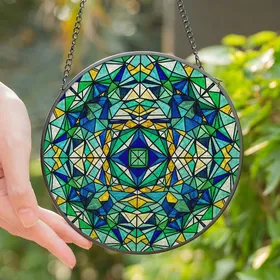 Art Lovers' Intricate Stained Glass Geometric Sapphire Emerald Golden Triangular Mosaic Pattern Stained Glass Suncatcher