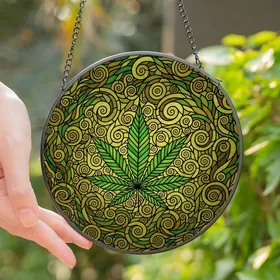 Botanical Art Lovers' Stained Glass Emerald Forest Golden Seven-Pointed Leaf Intricate Swirls Mosaic Stained Glass Suncatcher