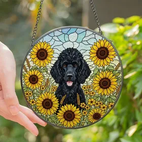 Poodle & Art Lovers' Intricate Stained Glass Black Poodle Golden Sunflower Mosaic Stained Glass Suncatcher
