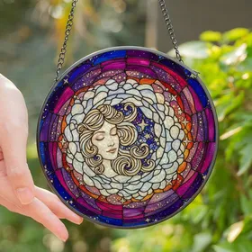 Celestial Art Lovers' Tiffany Style Stained Glass Crescent Moon Cosmic Nebula Deep Blues Vibrant Purples Stained Glass Suncatcher