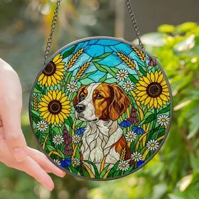 Brittany Spaniel Lovers' Tiffany Stained Glass Dog Art: Sunflowers, Jewel Tones, Green Foliage Stained Glass Suncatcher