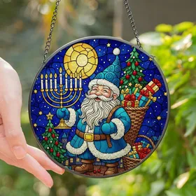 Holiday Decor Enthusiasts' Stained Glass Santa Gnome with Menorah & Festive Christmas Tree Mosaic Stained Glass Suncatcher