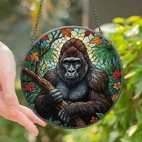 Nature Lovers' Majestic Gorilla Tiffany Style Jungle Mosaic Emerald Green Orange Art Stained Glass Suncatcher