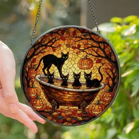 Cat Lovers' Tiffany Stained Glass Black Cats Clawfoot Tub Jack-o'-Lanterns Autumn Jewel Tones Stained Glass Suncatcher