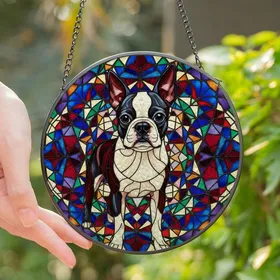 Boston Terrier Lovers' Luminous Black White Deep Red Teal Tiffany Style Geometric Mosaic Stained Glass Suncatcher