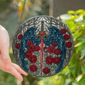 Fantasy Lovers' Ornate Stained Glass Crimson Sword, Majestic Dark Blue Wings, Red Roses Winter Mosaic Stained Glass Suncatcher