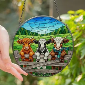 Farm Life Fans' Tiffany Stained Glass Baby Cow Trio Amber Green Mosaic Stained Glass Suncatcher