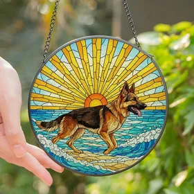German Shepherd Lovers' Dynamic Tiffany Stained Glass Ocean Beach Sunrise Art Stained Glass Suncatcher