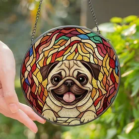 Pug Lovers' Adorable Pug Dog Tiffany Stained Glass Jewel Tone Intricate Mosaic Pattern Stained Glass Suncatcher