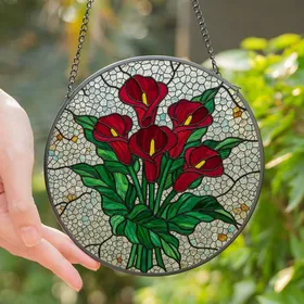 Art Lovers' Vibrant Red Green Yellow Calla Lily Tiffany Stained Glass Floral Mosaic Stained Glass Suncatcher