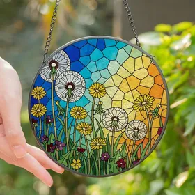 Nature Lovers' Intricate Stained Glass Dandelion Field Sunset Gradient Golden Orange Azure Blue Stained Glass Suncatcher