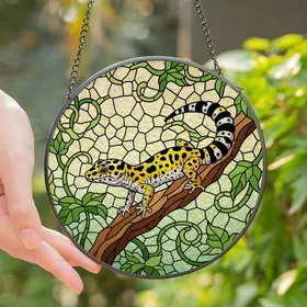 Reptile Enthusiasts' Vibrant Leopard Gecko Tiffany Stained Glass Mosaic, Yellow Black Lavender Green Pattern Stained Glass Suncatcher