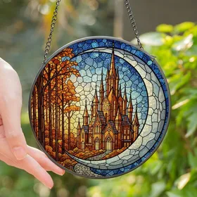 Fantasy Art Lovers' Intricate Stained Glass Gothic Castle Crescent Moon Autumn Forest Celestial Mosaic Indigo Amber Design Stained Glass Suncatcher