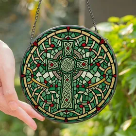 Celtic Heritage Enthusiasts' Intricate Stained Glass Celtic Cross Emerald Amber Ruby Knotwork Mosaic Stained Glass Suncatcher
