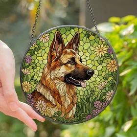 Dog Lovers' Intricate Stained Glass German Shepherd Wildflowers Meadow Mosaic Jewel Tones Stained Glass Suncatcher