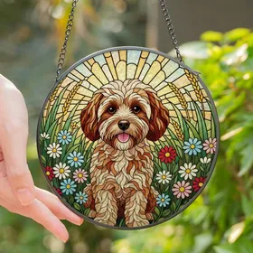 Dog Lovers' Vibrant Tiffany Stained Glass Maltipoo Wildflower Meadow Mosaic Stained Glass Suncatcher