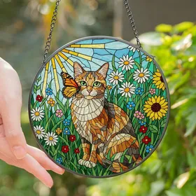 Cat Lovers' Intricate Tiffany Stained Glass Calico Cat Wildflower Meadow Jewel Tone Butterfly Art Stained Glass Suncatcher