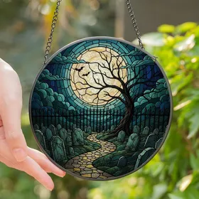 Gothic Art Lovers' Intricate Stained Glass Graveyard Full Moon Teal Emerald Jewel Design Stained Glass Suncatcher