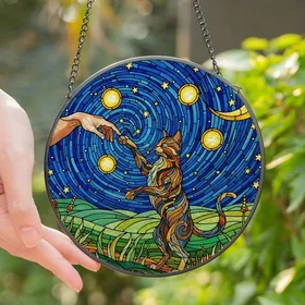 Cat Lovers' Jewel Tone Stained Glass Cat & Hand Creation Starry Night Blue Yellow Orange Mosaic Stained Glass Suncatcher