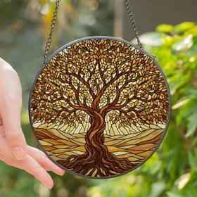 Nature Lovers' Intricate Golden Amber Stained Glass Tree of Life Mosaic Art Stained Glass Suncatcher