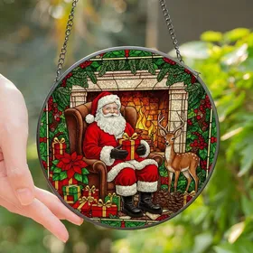 Christmas Enthusiasts' Tiffany Style Stained Glass Santa Claus Fireplace Deer Jewel Tone Art Stained Glass Suncatcher