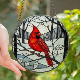 Nature Lovers' Stained Glass Fiery Red Cardinal Bird Tiffany Style Winter Landscape Mosaic Intricate Jewel Tones Stained Glass Suncatcher