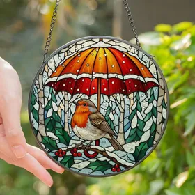 Winter Nature Lovers' Vibrant Tiffany Stained Glass Robin Holly Berries Umbrella Mosaic Stained Glass Suncatcher