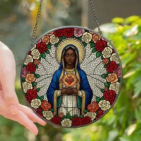 Art Enthusiasts' Black Madonna Stained Glass Radiant Sacred Heart Floral Mosaic Stained Glass Suncatcher