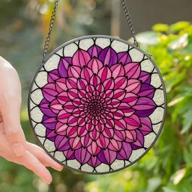 Women's Tiffany-Inspired Stained Glass Fuchsia Dahlia Rose Purple Floral Petal Mosaic Stained Glass Suncatcher