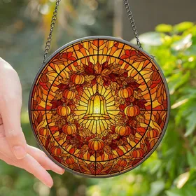Autumn Art Lovers' Tiffany Stained Glass Autumn Wreath Fiery Orange Gold Red Amber Foliage Mosaic Stained Glass Suncatcher