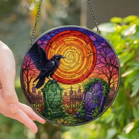 Gothic Art Lovers' Intricate Stained Glass Raven Tombstone Purple Orange Twilight Sky Design Stained Glass Suncatcher