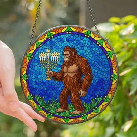 Mythical Creature Fans' Bigfoot Tiffany Style Stained Glass Menorah Art Jewel Tones Blue Purple Green Mosaic Stained Glass Suncatcher