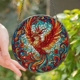 Art Lovers' Vibrant Phoenix Stained Glass Mosaic: Fiery Red, Teal, Cobalt Blue Jewel Tones Stained Glass Suncatcher
