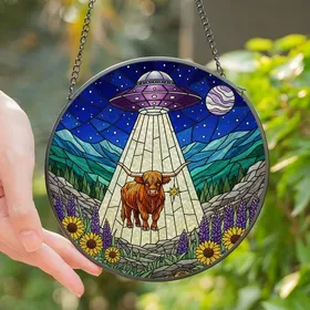 Nature & Fantasy Art Lovers' Edge-to-Edge Stained Glass Highland Cow UFO Wildflower Celestial Mosaic Stained Glass Suncatcher