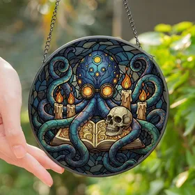 Dark Academia Enthusiasts' Tiffany Stained Glass Steampunk Octopus Skull Book Deep Blue Orange Stained Glass Suncatcher