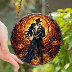 Gothic Art Lovers' Stained Glass Skeletal Couple & Jack-O'-Lanterns Mosaic with Orange, Amber, Blue Tones Stained Glass Suncatcher