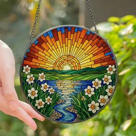 Nature Lovers' Tiffany Style Sun Daffodil Stream Jewel Tone Stained Glass Art Stained Glass Suncatcher