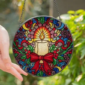 Holiday Enthusiasts' Tiffany Stained Glass Candle Red Bow Berries Intricate Festive Mosaic Stained Glass Suncatcher
