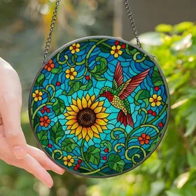 Nature Lovers' Tiffany Stained Glass Hummingbird Sunflower Floral Mosaic Emerald Ruby Golden Art Stained Glass Suncatcher