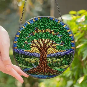 Nature Lovers' Vibrant Emerald Sapphire Golden Tiffany Stained Glass Tree of Life Forest River Mosaic Landscape Stained Glass Suncatcher