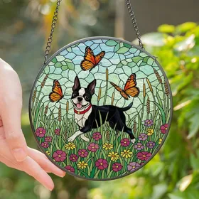 Boston Terrier Lovers' Vibrant Tiffany Stained Glass Boston Terrier & Monarchs Meadow Jewel Tones Stained Glass Suncatcher