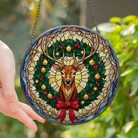 Nature & Holiday Art Lovers' Golden Amber Stained Glass Deer Festive Christmas Wreath Mosaic Stained Glass Suncatcher