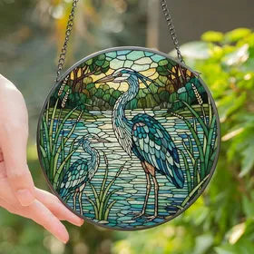 Nature Lovers' Intricate Stained Glass Heron Wetland Mosaic Teal Blue Jewel Tones Stained Glass Suncatcher